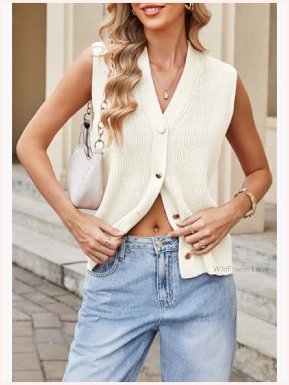 Sleeveless Knit Sweater Vest, Gold Button Cardigan, Summer Layering Top - Picture 4 of 7